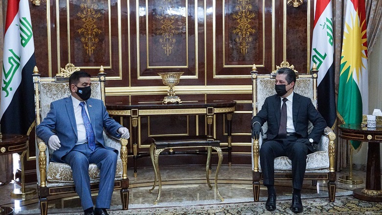 Kurdistan Region Prime Minister Masrour Barzani (R) meets the Iraqi Defense Minister Juma Inad Sa’dun, discussing coordination between the ISIS threats, June 25, 2020. (Photo: KRG)